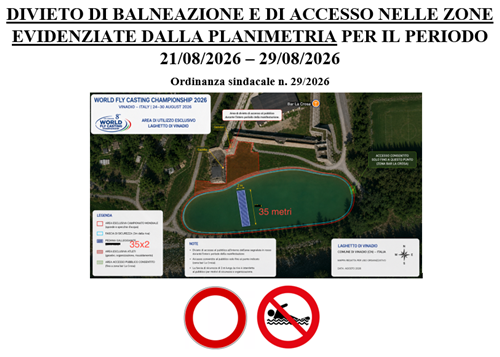 Divieto di balneazione lago artificiale e divieto di accesso alle zone indicate nella planimetria per il periodo 21/08/2026 - 29/08/2026