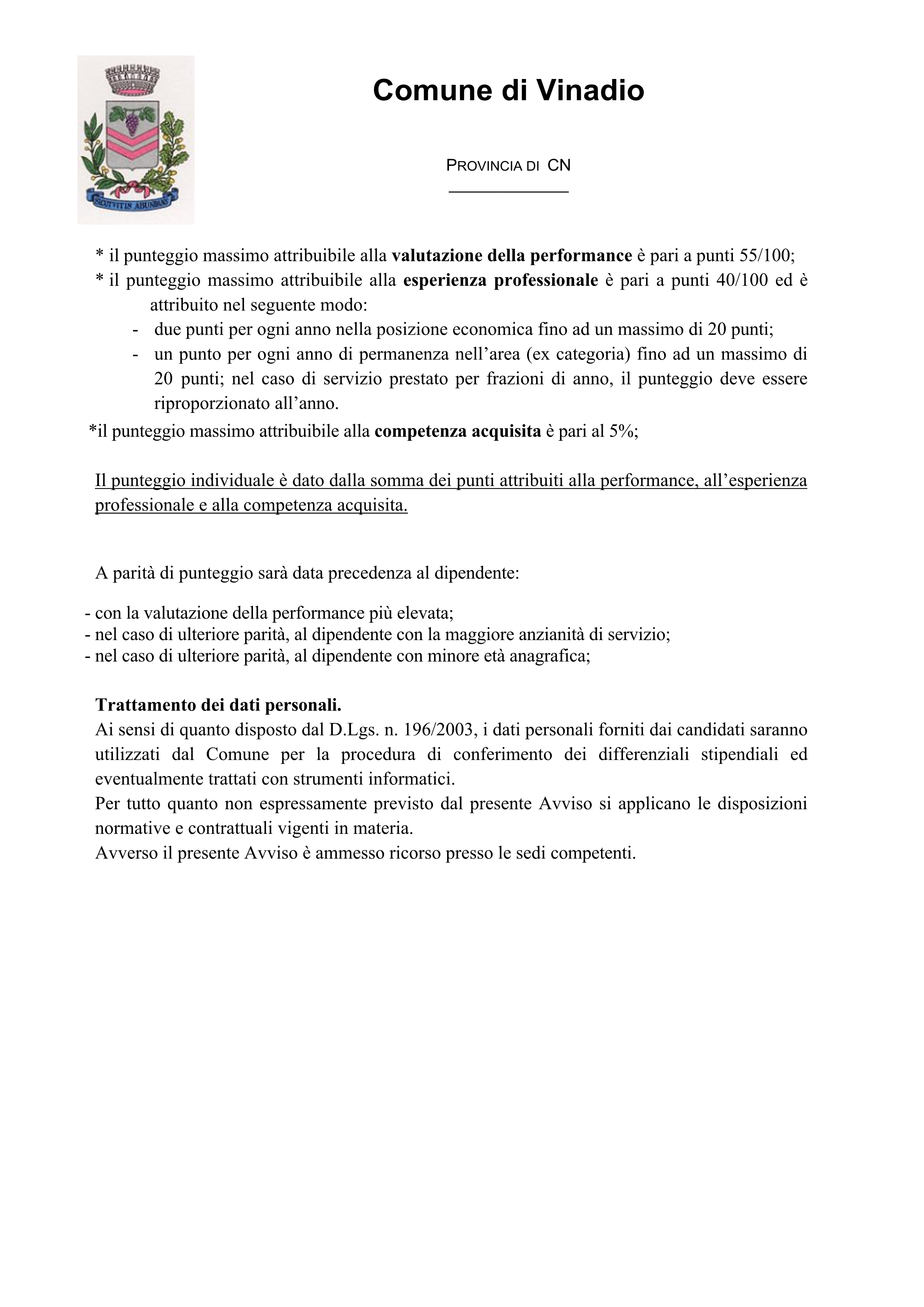 Avviso riservato al personale a tempo indeterminato del Comune di Vinadio per l'attribuzione dei differenziali stipendiali (ex progressioni economiche orizzontali) anno 2025