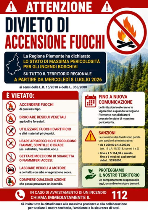 Dichiarazione dello stato di massima pericolosità per incendi boschivi - divieto accensione fuochi